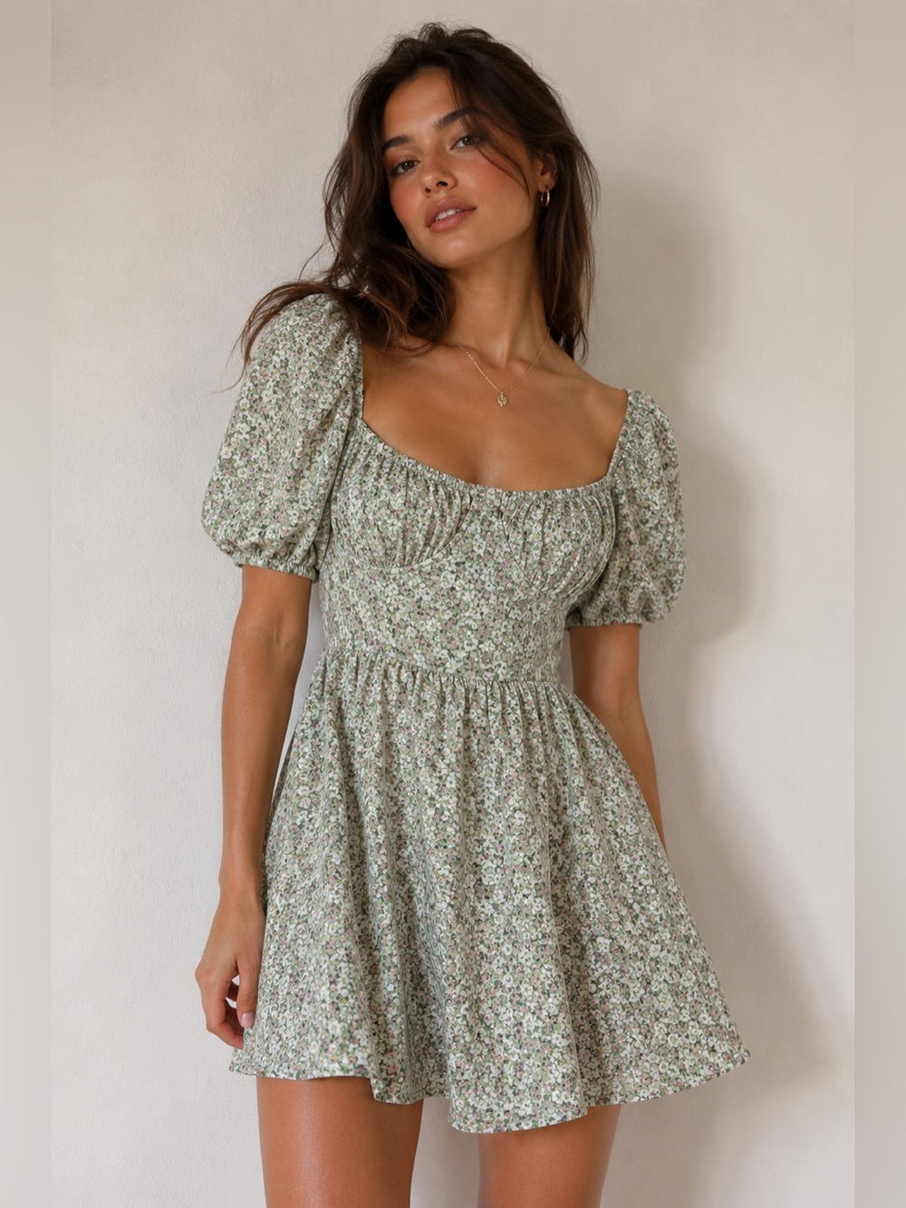 Katwalk Cottagecore Chic Green and Pink Mini Dress